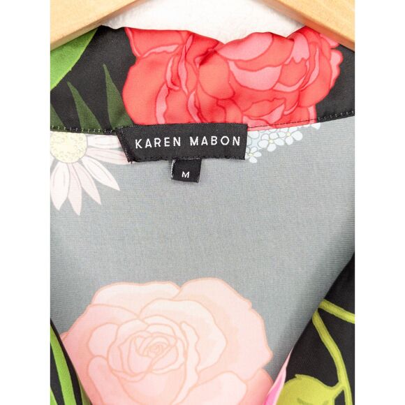 Karen Mabon Pajama Top Size M Black Floral Short Sleeve Button Up Artsy Modern - Picture 6 of 8